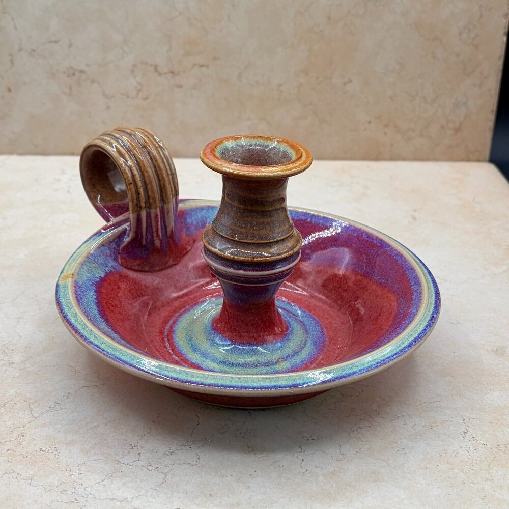 Vintage Pottery Chamberstick Candle Holder Loop Handle Drip Glaze Signed